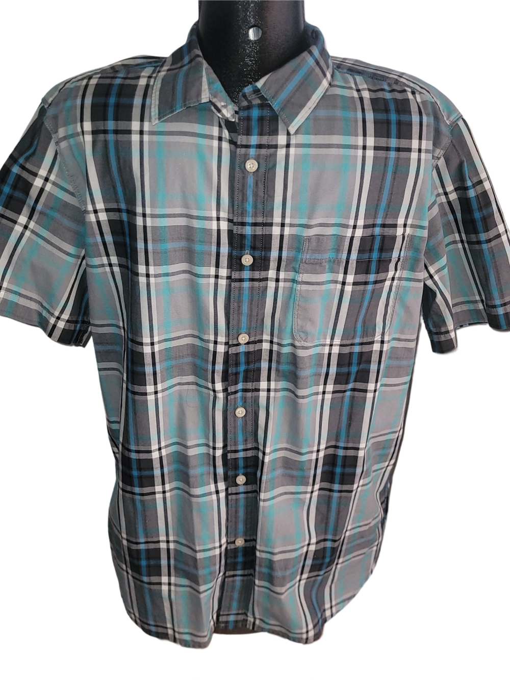 The North Face Men's Grey, Blue And Teal Short-Sleeve Plaid Button-Up Shirt L